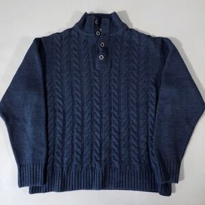 Lorenzo Magni Sweater Mens XL Navy Blue Cable Knit Mock Neck Wool‎ Blend Italy